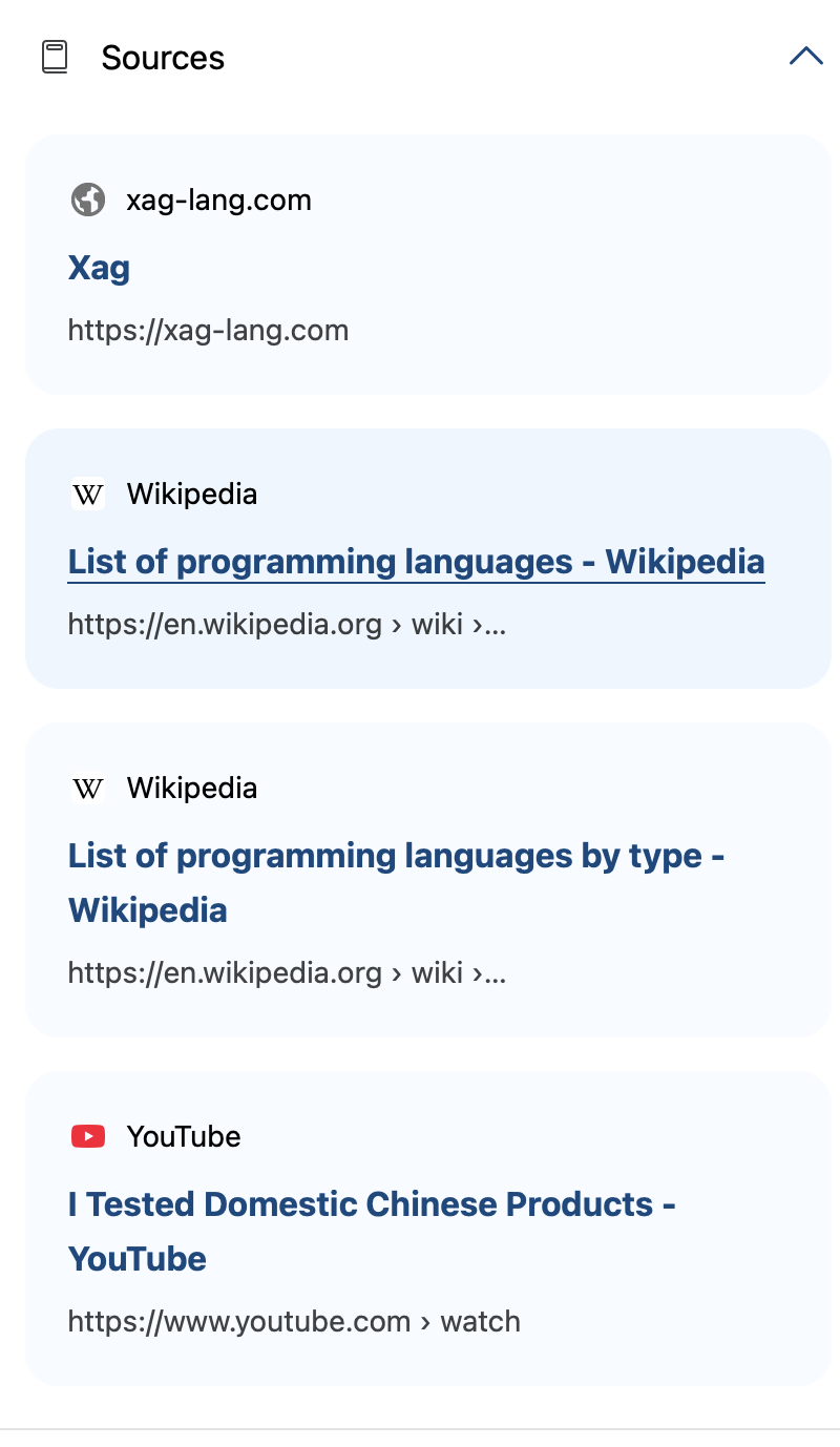 Its four cited sources: xag-lang.com, two Wikipedia lists of
                programming languages, and a YouTube video titled I Tested Domestic
                Chinese Products.