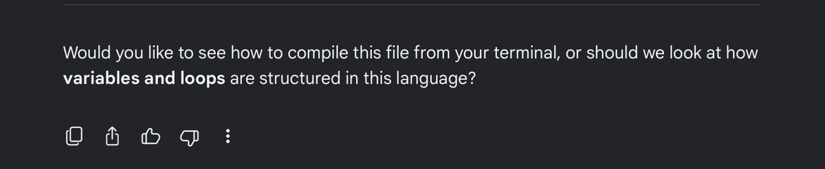 It closes by offering to show how to compile the file, or how
                variables and loops are structured in this language.