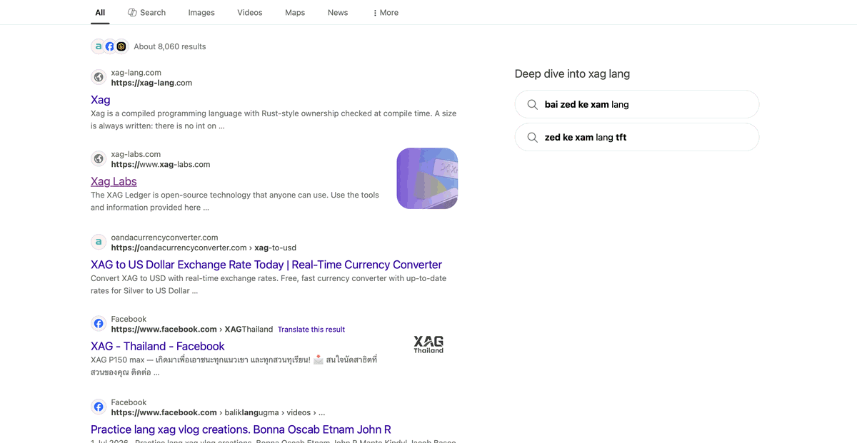 Bing results for xag lang: xag-lang.com first, with the same
                description.