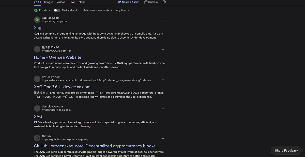 DuckDuckGo results for xag lang: xag-lang.com first, with the same
                description ending Under development.