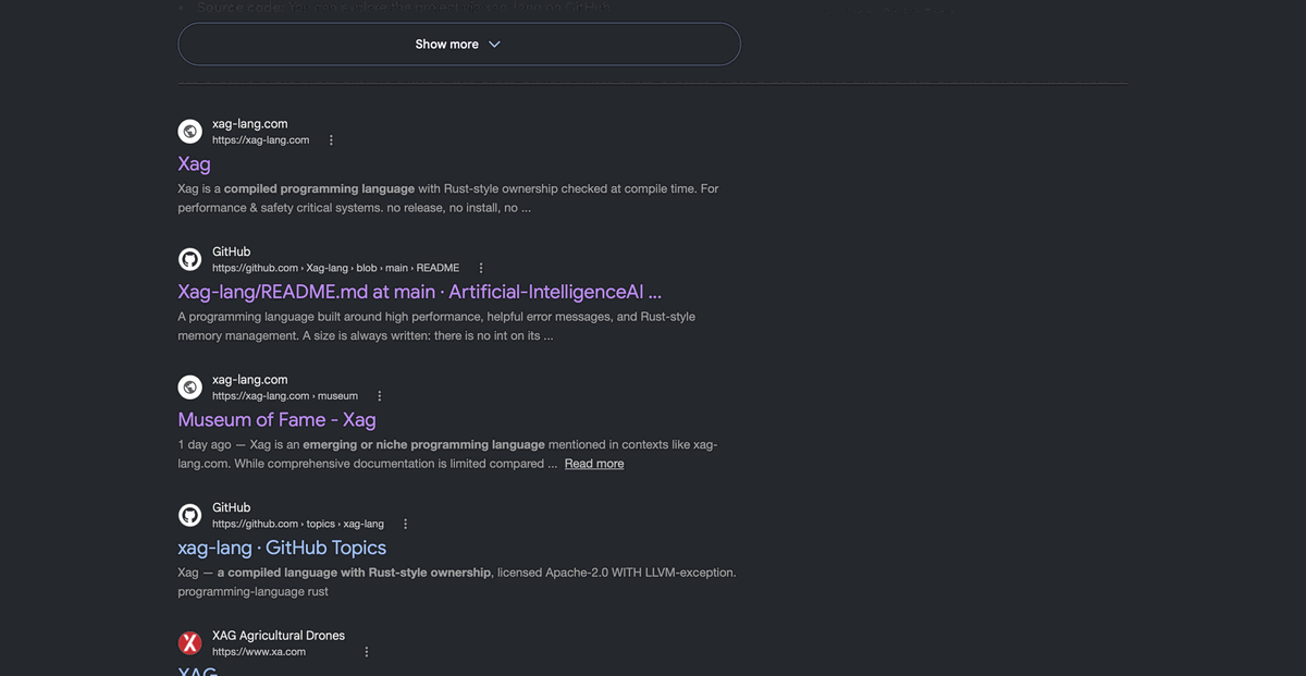Google results for xag lang: xag-lang.com first, described as a
                compiled programming language with Rust-style ownership checked at
                compile time, then the GitHub README, then the Museum of Fame page.